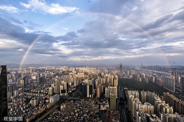 A rainbow appears in the air over the city of Guangzhou, South China's Guangdong province, Oct 3, 2016. 