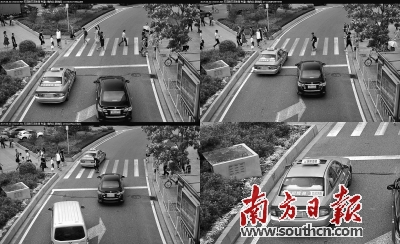 11日，电子警察在广州天河路天河东路路口投入使用。从视频监控可以看出，图中的出租车未礼让行人。