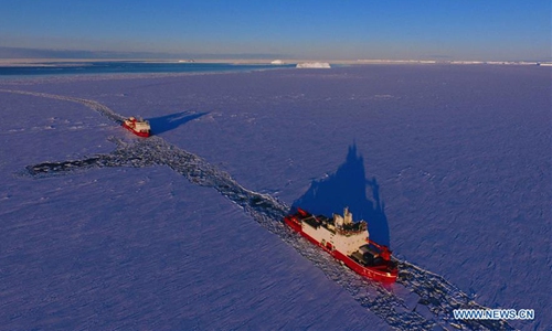 Aerial photo taken on Nov. 21, 2019 shows China's polar icebreakers Xuelong 2 (R) and Xuelong at an area close to China's Zhongshan Station. China's polar icebreakers Xuelong and Xuelong 2 will conduct scientific researches in the Southern Ocean. Photo:Xinhua